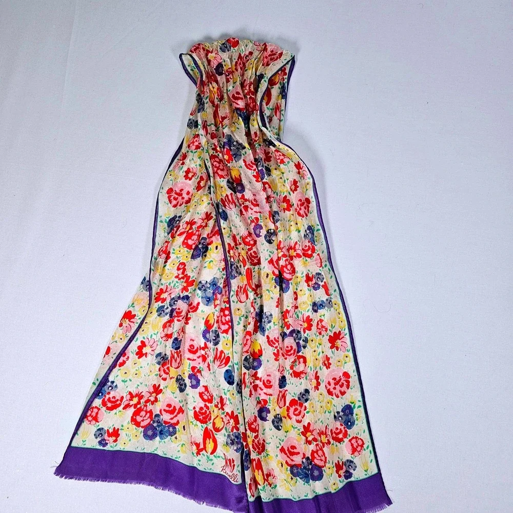 Revelli Floral Scarf Purple Border Eyelash Fringe Silk Feel Cream Multi Color